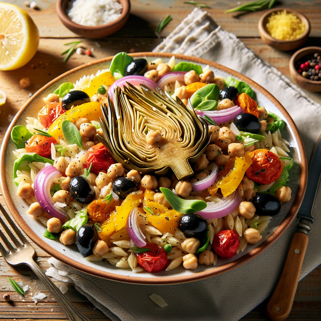 “Refreshing Flavors: Roasted Artichoke Chickpea Orzo Salad”